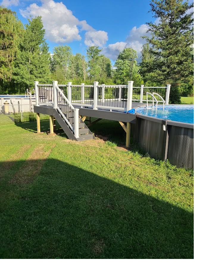Elevated deck built over an above-ground pool