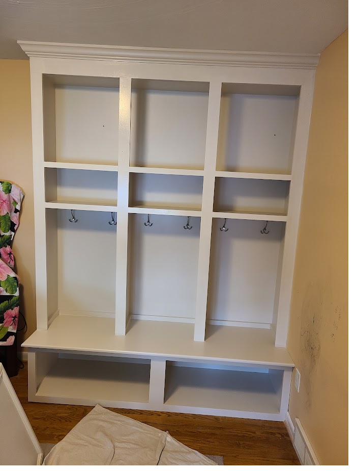 Custom mudroom locker with bench and cubby storage